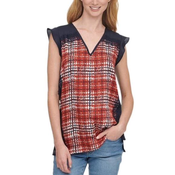 Dkny Tops - DKNY Women's Printed Lace-Trim Top Plaid Red and Black